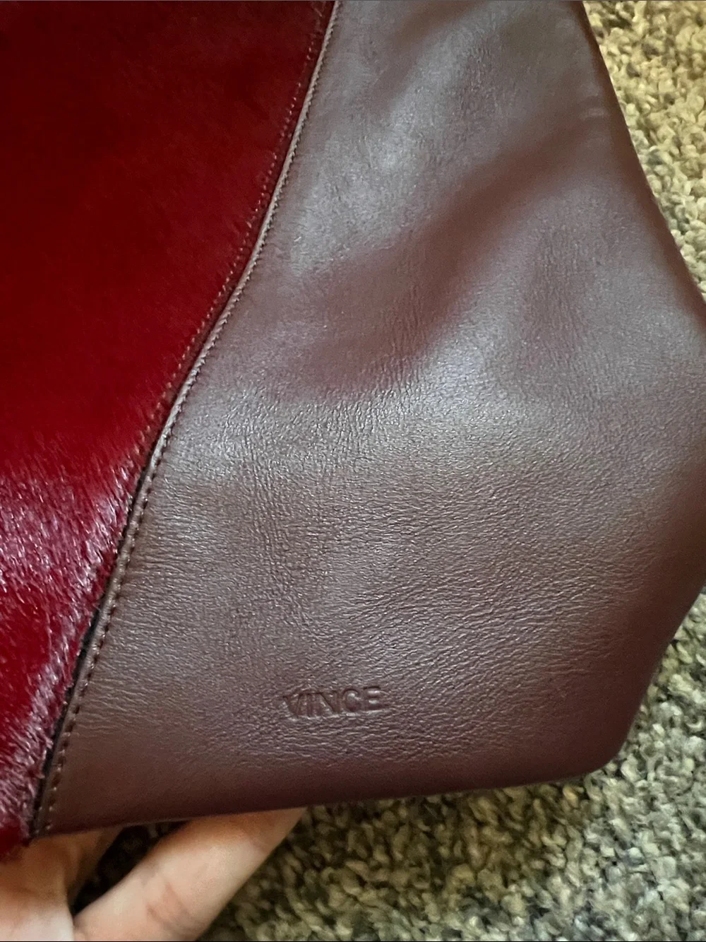 Vince Burgundy Leather and calf hair large clutch